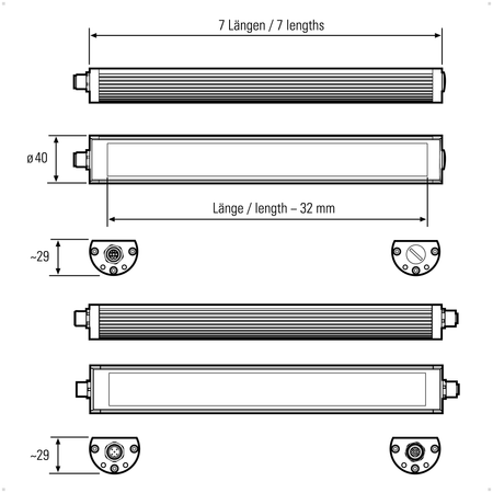 Maskinlampe i Ø40mm design, i længder fra 190-1040 mm, 24Vdc, passer perfekt der hvor pladsen er trang, TUBELED_40 - shop.cncmidt.dk
